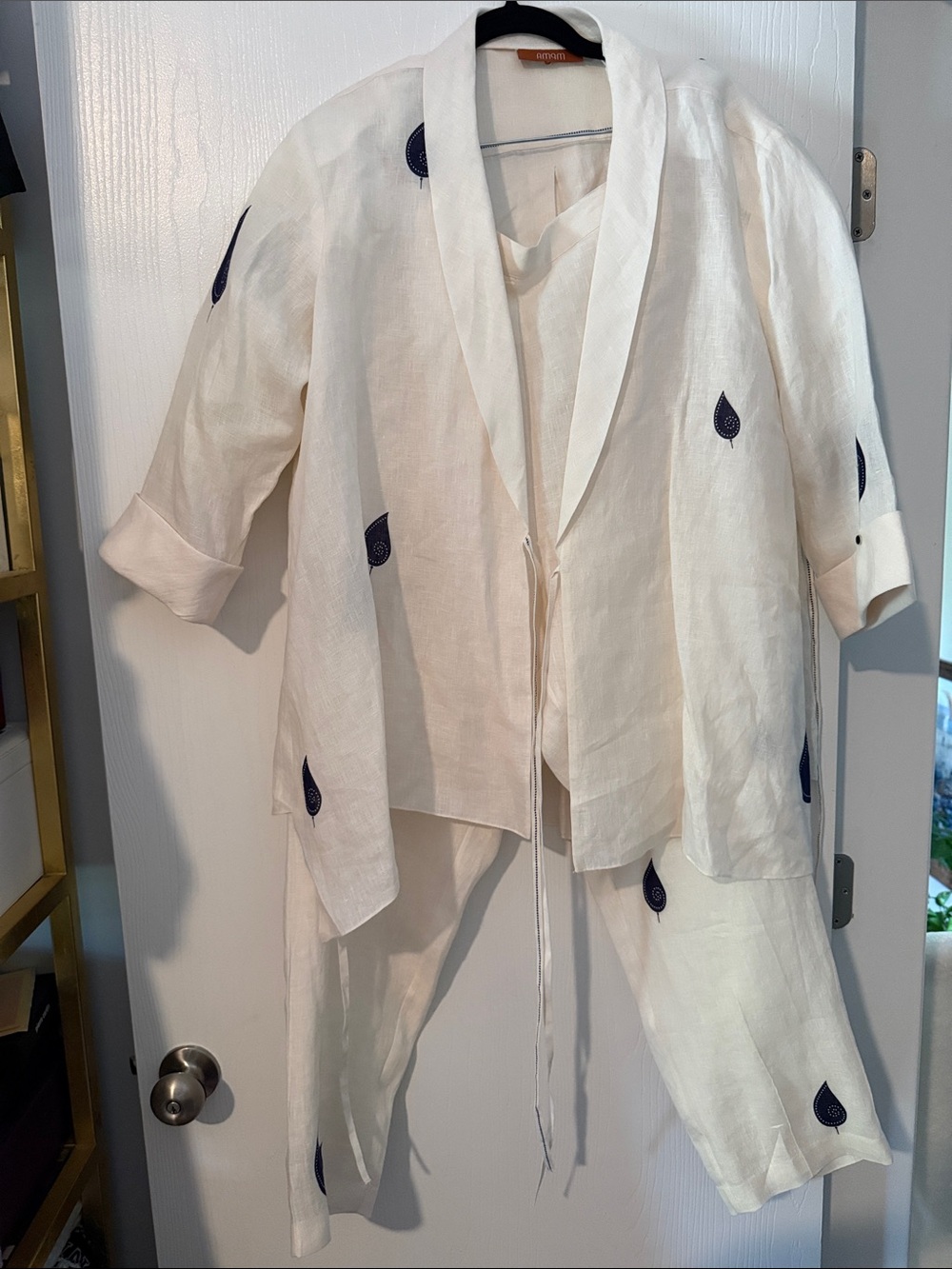 White Embroidered Linen Blazer with Navy Teardrop Detail
